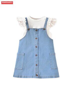 Toddler Girl 2-Piece Butterfly Sleeve Tee & Denim Overall Dress Set